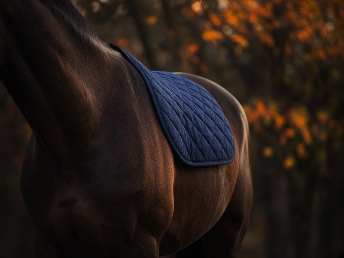 Close crop of a dark bay horse in a navy quilted pad